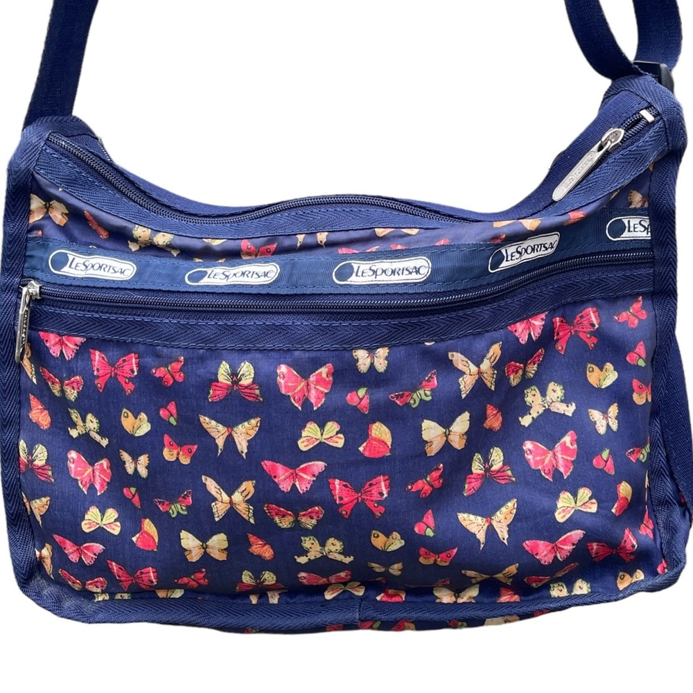 LeSportsac Women’s Blue Adjustable Crossbody Bag Purse Zip Pockets Butterflies